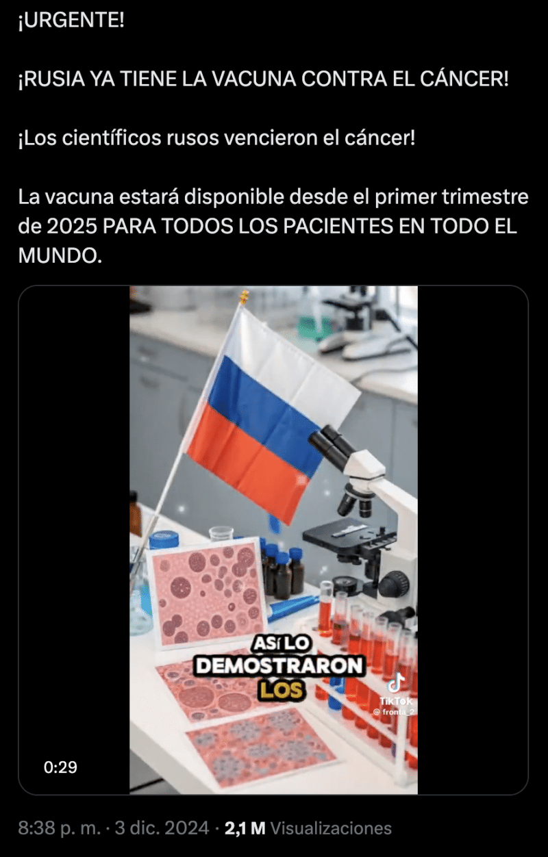 Falso que Rusia encontró la cura del cáncer 